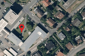 Luftbild mit Markierung für den GPS-Referenzpunkt in Bad Kreuznach