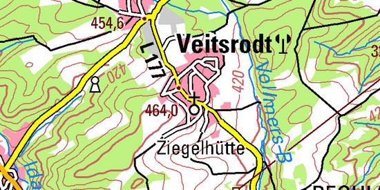 Ausschnitt aus der topografischen Karte im Maßstab 1:100000 für den Ort Veitsrodt
