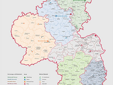 Karte von Rheinland-Pfalz mit den Zuständigkeitsbereichen der Vermessungs- und Katasterämter