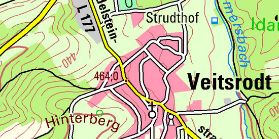 Ausschnitt aus der topografischen Karte im Maßstab 1:50000 für den Ort Veitsrodt